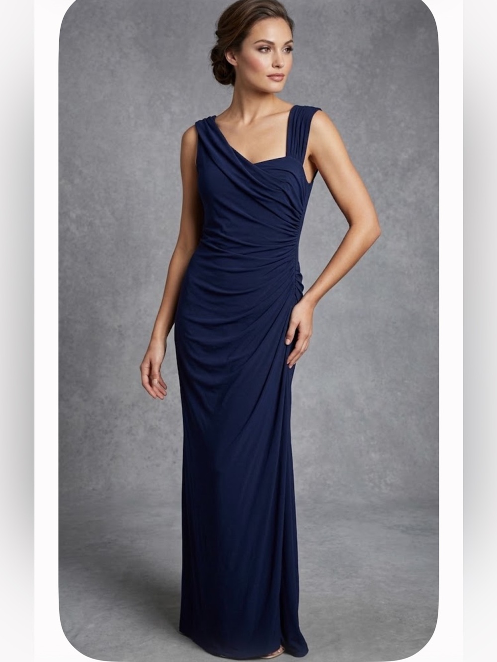 Neiman Marcus Deep Navy Ruched Draped Sleeveless Maxi Dress